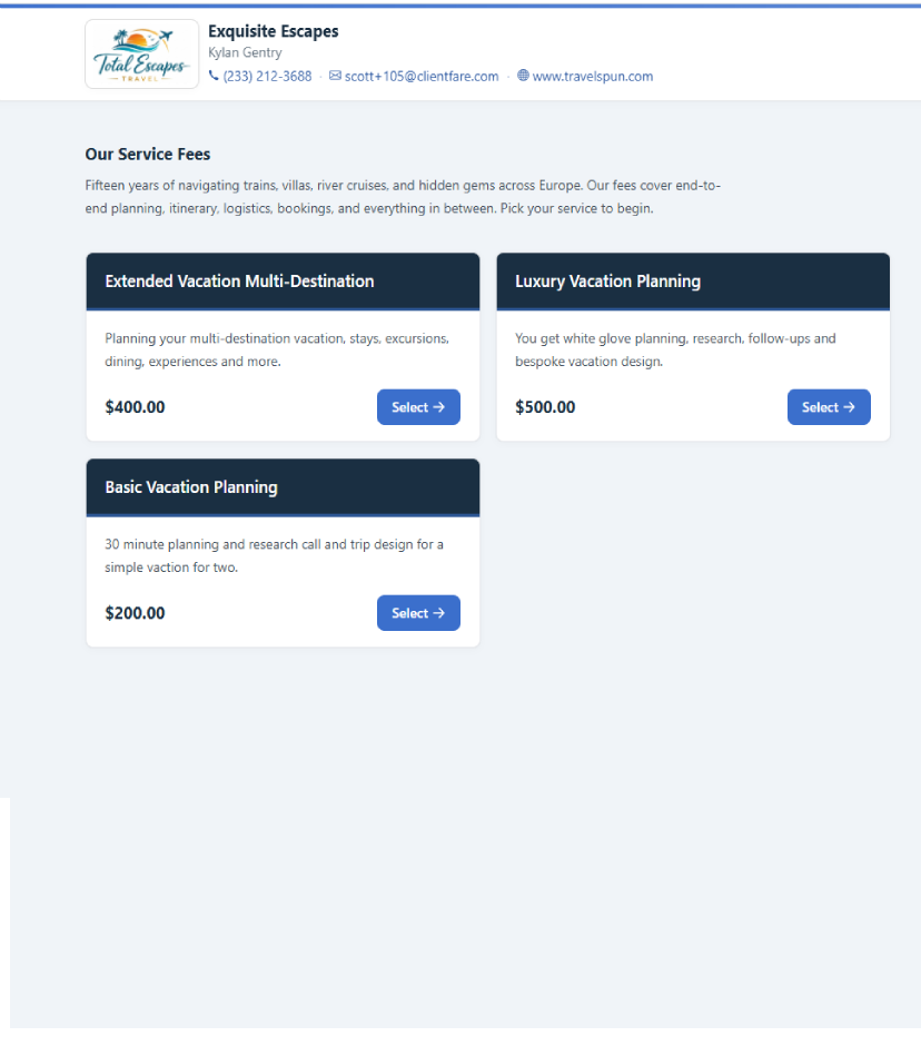 Screenshot of a branded fee menu page showing multiple travel planning services as selectable cards